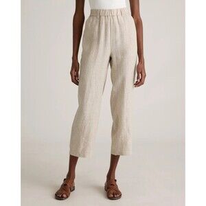 Quince 100% Linen Pants Women Small Beige Elastic Waist Cropped Relaxed